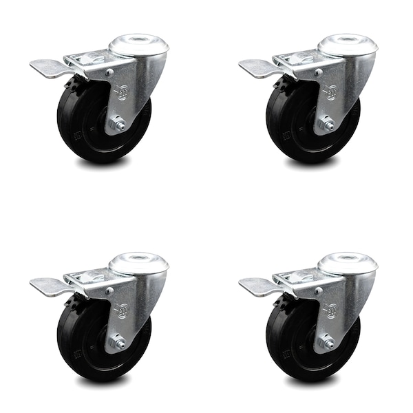 4 Inch Soft Rubber Swivel Bolt Hole Caster Set with Total Lock Brake SCC